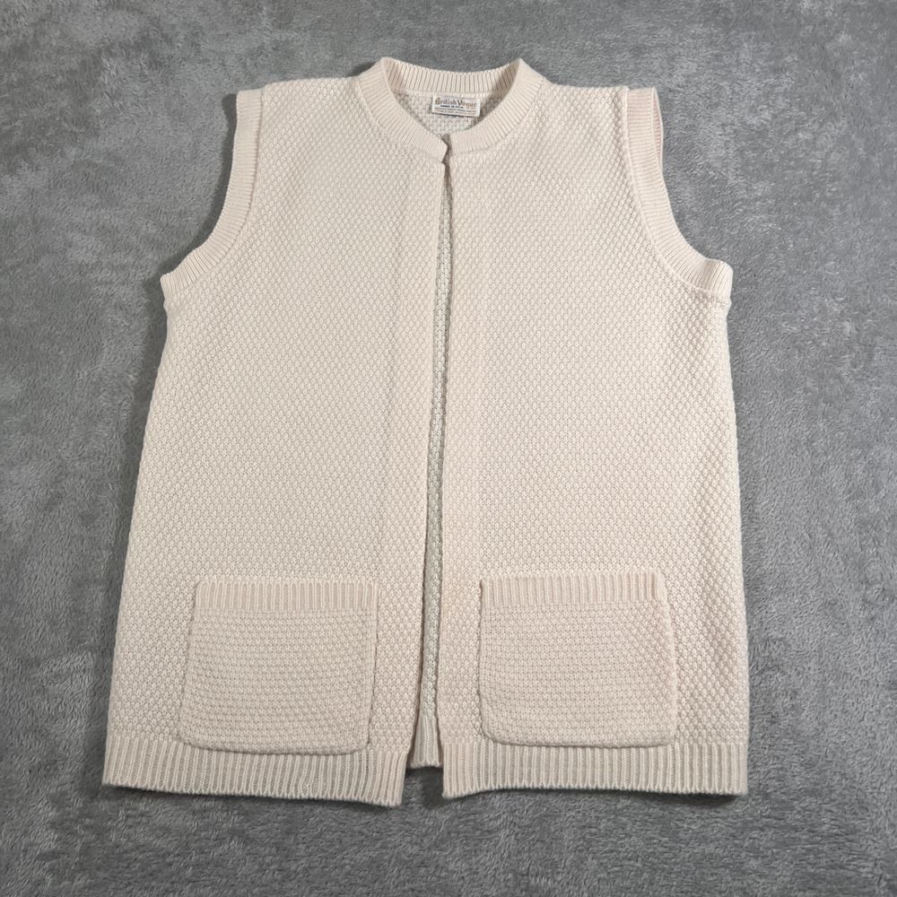 VTG British Vogue Knit Sweater Vest Womens Medium Cream Textured Pockets USA